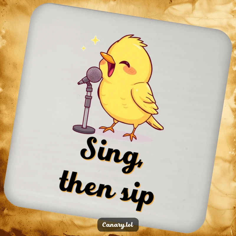 Funny Drink Coaster: A beaming canary sings into a microphone, protecting surfaces with a humorous and musical touch.