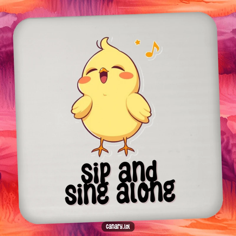 Funny canary bird drink coasters, set of 4, singing with eyes closed and head tilted back, adding humorous song decor.