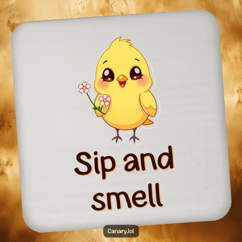 Funny happy canary bird coaster, bright eyes, offering a flower, cheerful drink protection, cute animal accessory.