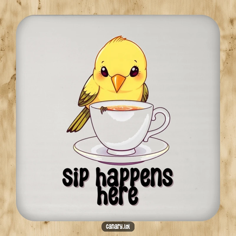 Funny canary bird coaster, playfully dipping beak into a tiny, sparkling teacup, protects surfaces with elegance.