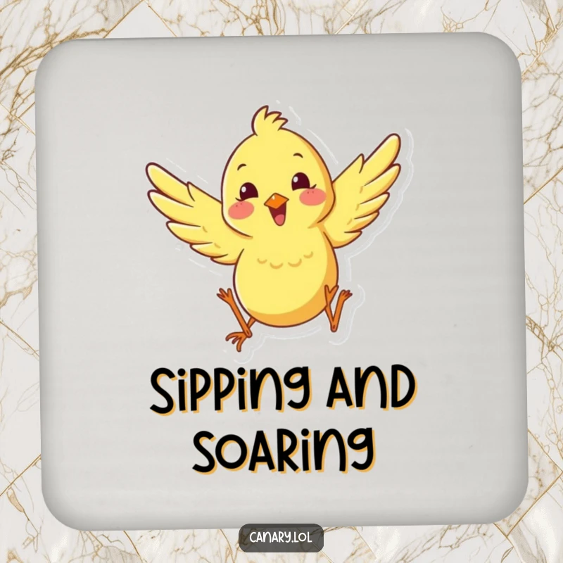 Funny happy canary leaping drink coaster, showing a bird with wings spread in mid-leap, protecting surfaces with humorous, energetic charm.
