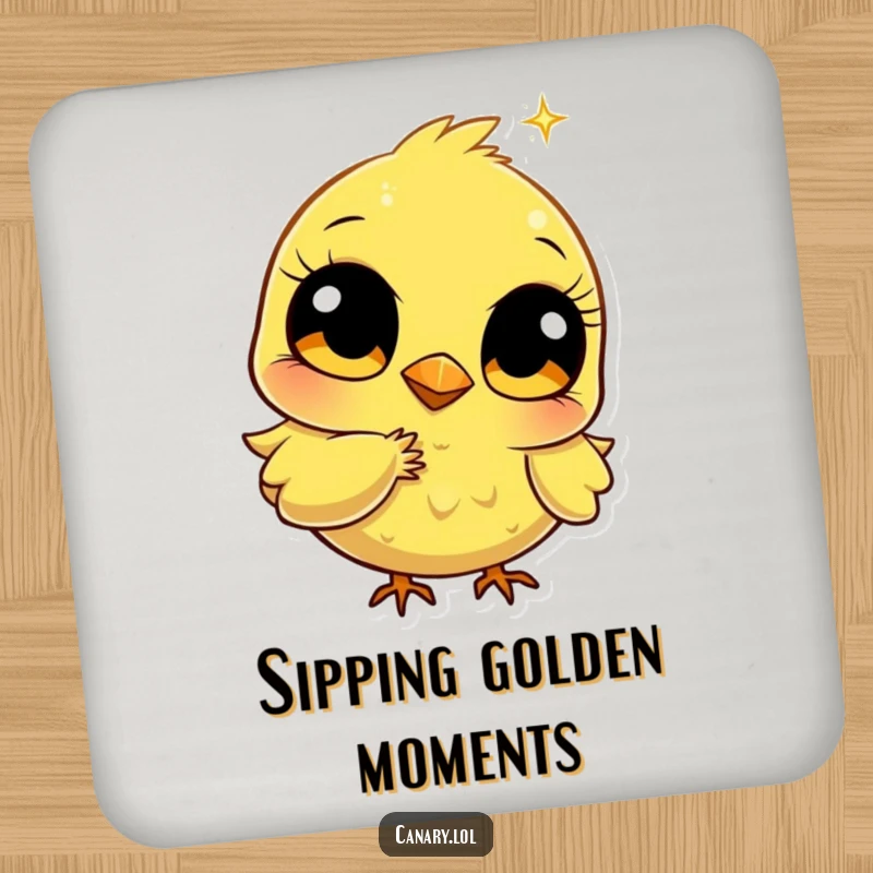 Funny stylized canary drink coaster with big bright eyes pecking a golden sparkle, protecting surfaces with humorous, sparkling charm.