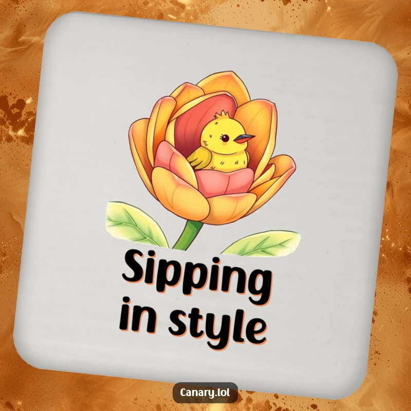 Funny peek-a-boo canary coaster, cute bird peeking from a giant colorful flower bud, drink protector.