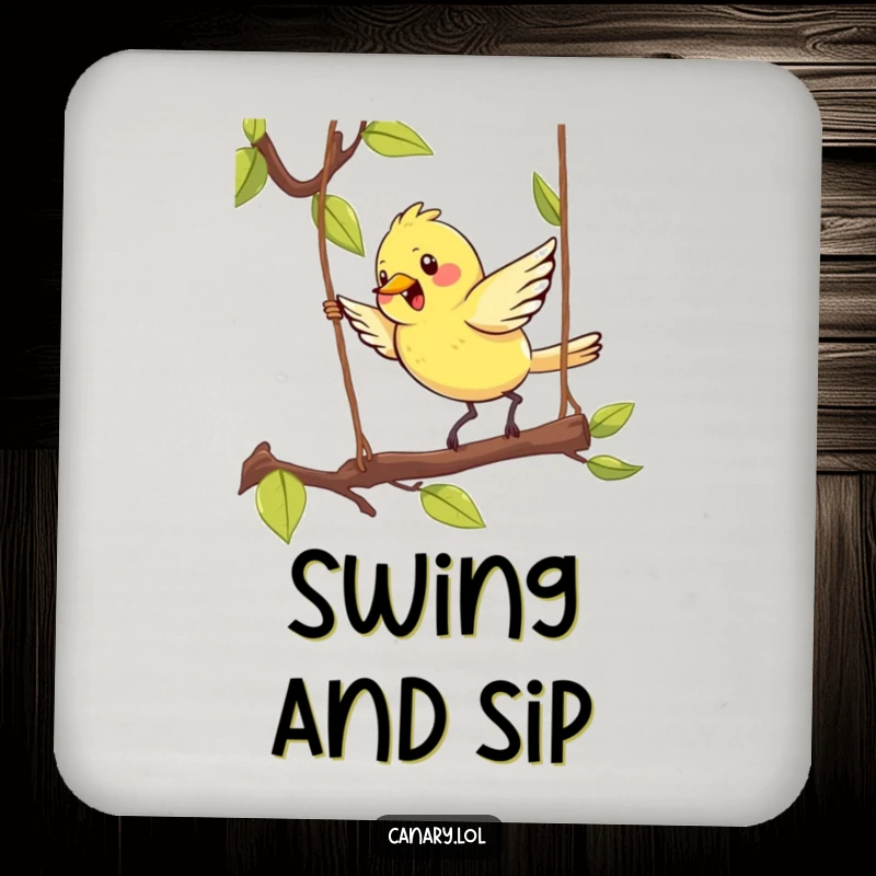 Funny Kawaii Canary Drink Coaster featuring a cute bird energetically hopping on a swinging branch, adding a whimsical touch to drink service.