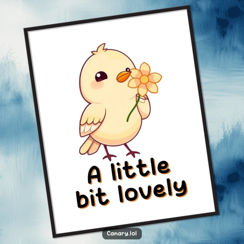 Funny Bird Offering Poster featuring an adorable bird holding a single, vibrant flower in its beak, radiating sweetness.