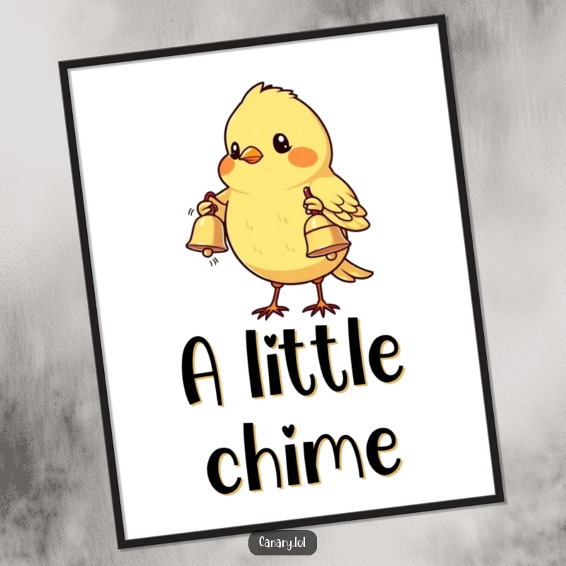 Funny Shy Canary Bird Poster: A timid canary bird extends its wing, presenting a small, shiny bell, exuding quiet sweetness and humor.