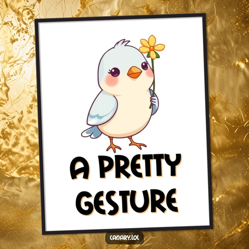 Funny Bird Poster: An artistic depiction of a bird holding a single, colorful flower in its beak, a charming wall accent.