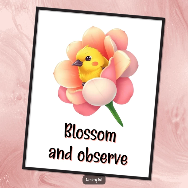 Funny poster art of a curious canary bird peeking from a vibrantly colored flower, bringing whimsical humor to walls.