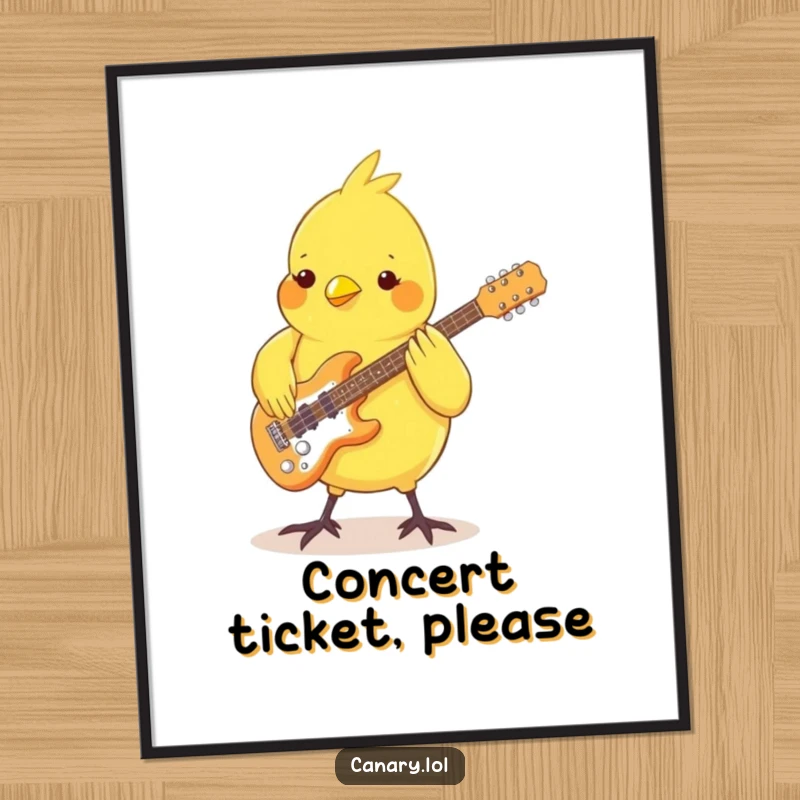 Funny Canary Poster: A small bird rocking out on a miniature guitar with its feet, a delightful and humorous piece of wall art.
