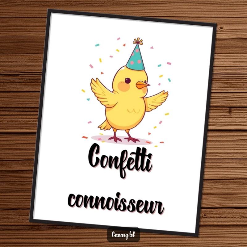 Funny poster print of a canary bird in a party hat juggling bright confetti, celebrating joy and festivity.
