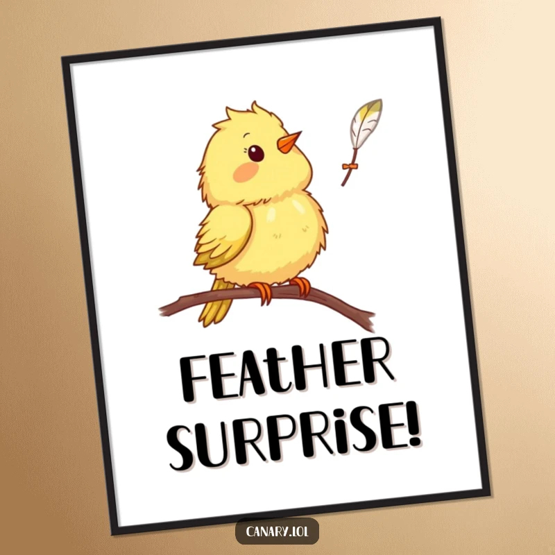 Funny canary bird poster, surprised expression, falling feather, humorous wall art, whimsical bird illustration.