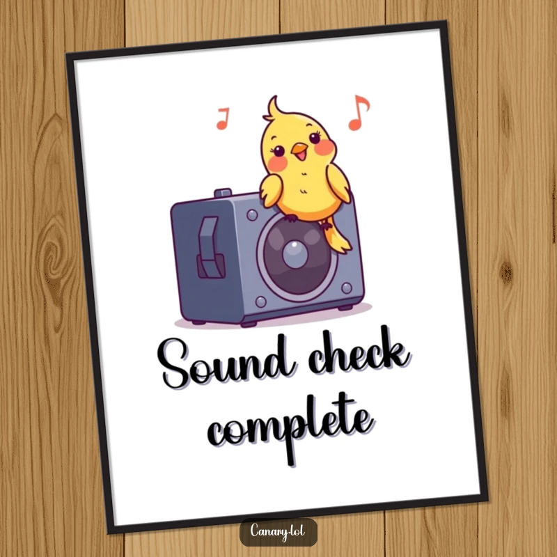 Funny poster of a happy canary bird bobbing its head on a speaker, illustrating a passion for music and humor.