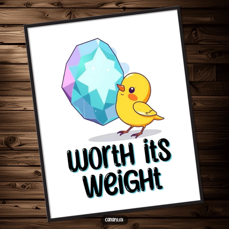 Funny poster print of a small canary bird curiously pecking at a massive, sparkling diamond gem, creating a humorous visual.