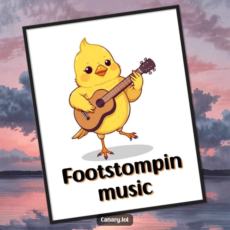Funny Canary Guitar Poster showing a small canary energetically playing a miniature guitar with its feet, grooving with style.