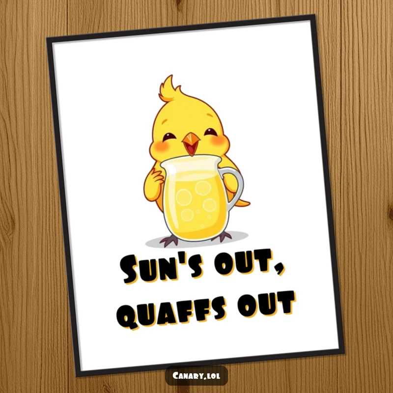 Funny canary bird poster, enthusiastically chugging from a tiny lemonade pitcher, a delightful piece of art.