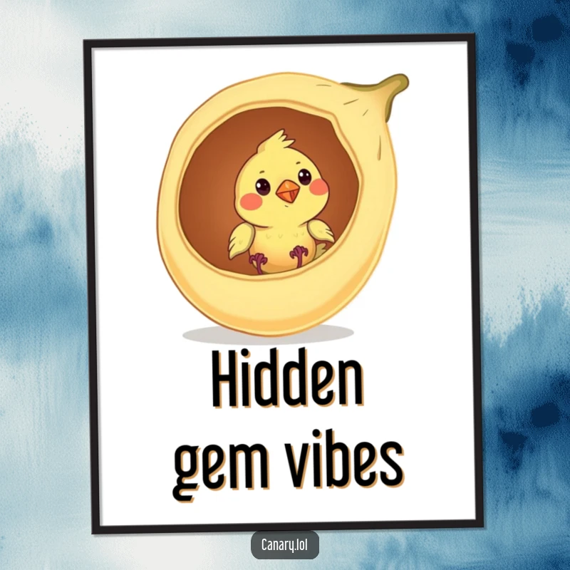 Funny canary bird poster, curiously peeking from a giant, open seed pod, adding charming and humorous nature art.
