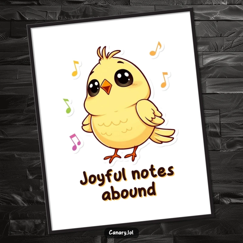 Funny poster of a tiny canary with big, round eyes singing a cheerful tune, adding musical joy to walls.