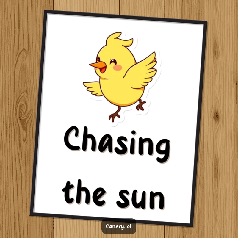 Funny stylized canary bird poster, exaggerated smile, flying in a cheerful arc, joyful wall art, humorous illustration.