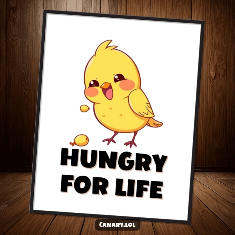Funny kawaii canary poster showing a bird excitedly pecking at a seed, adding humorous and energetic wall art.