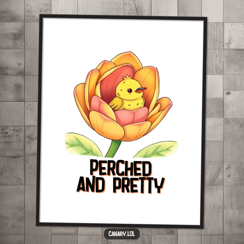 Funny peek-a-boo canary poster, cute bird peeking from a giant colorful flower bud, vibrant wall art.