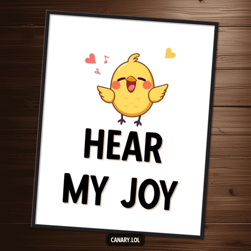 Funny Poster depicting a small, yellow bird with a large, open beak singing joyfully, radiating pure happiness and cheerful melody for uplifting decor.