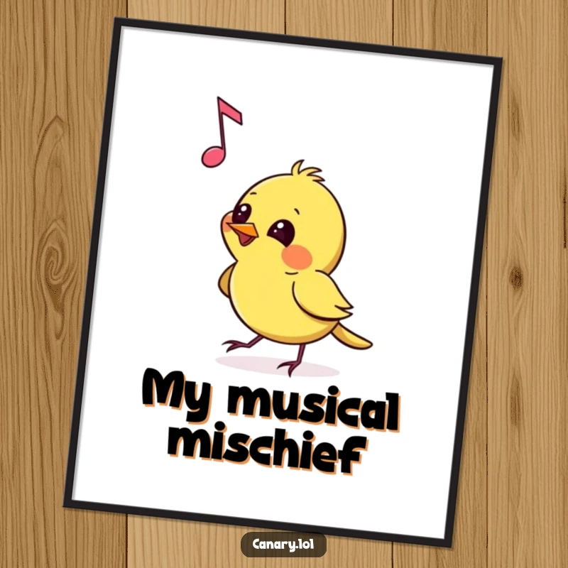 Funny Poster depicting a canary pecking at a floating musical note with mischievous glee, radiating playful energy and musical charm for vibrant decor.