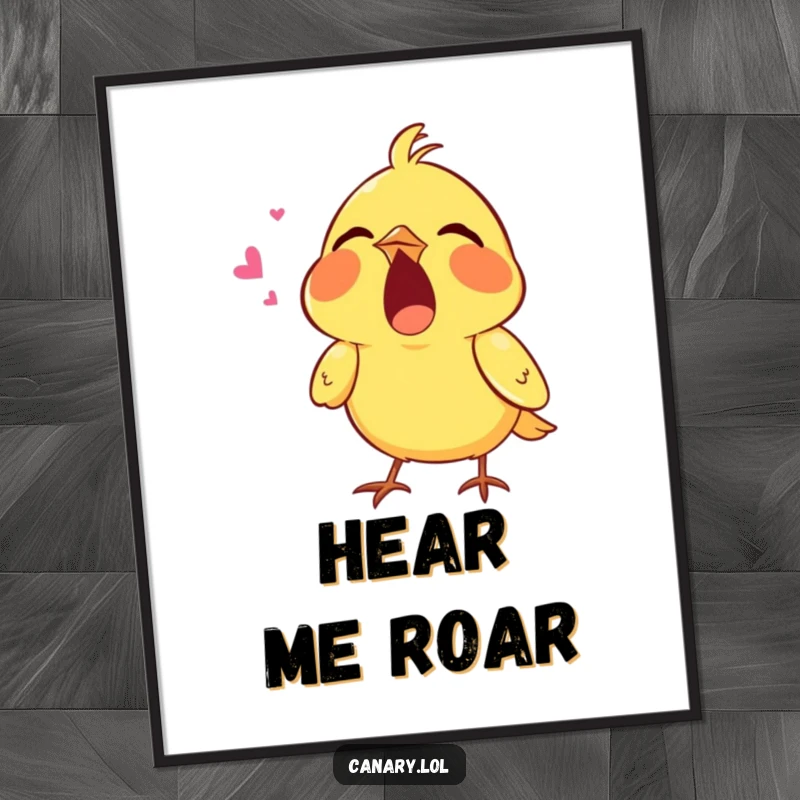 Funny poster art of a tiny canary singing passionately with its mouth open wide, bringing musical joy and humor to your space.