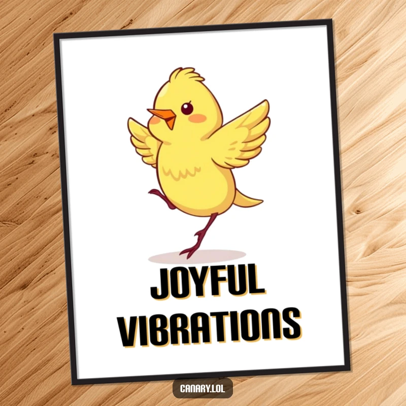 Funny poster print of a canary with wings fluttering rapidly, captured mid-happy dance, exuding infectious cheerfulness.