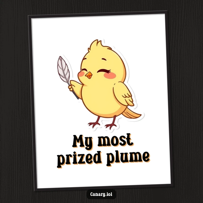Funny canary bird poster, winking and holding a single, perfect feather, a charming piece of art.