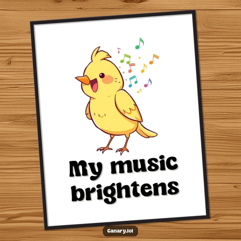 Funny canary bird poster, joyfully spilling a rainbow of musical notes, adding colorful, humorous art to walls.