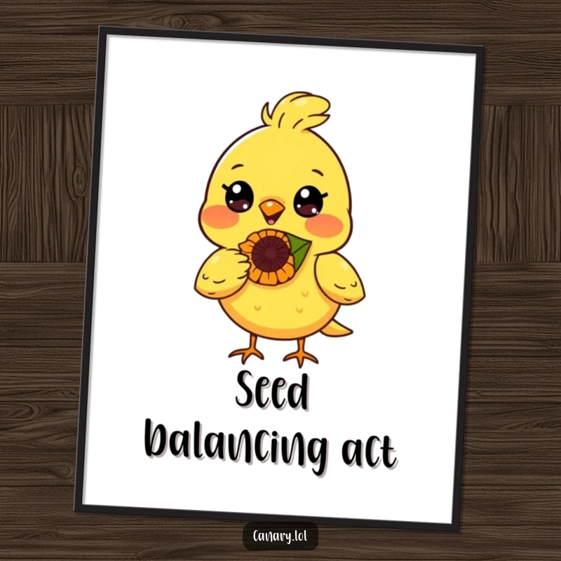 Funny canary bird poster, radiant smile, balancing a sunflower seed on its nose, inspirational and humorous decor.