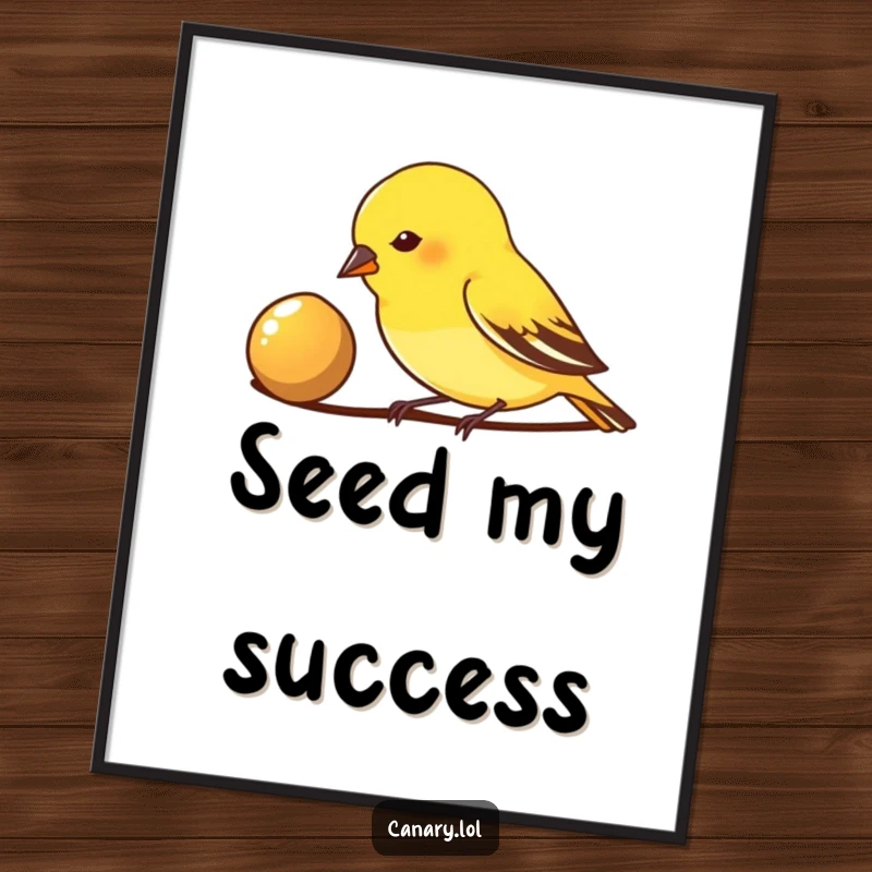 Funny Poster: A small canary bird pecks diligently at a shiny seed, creating a visually engaging and humorous depiction of focus.