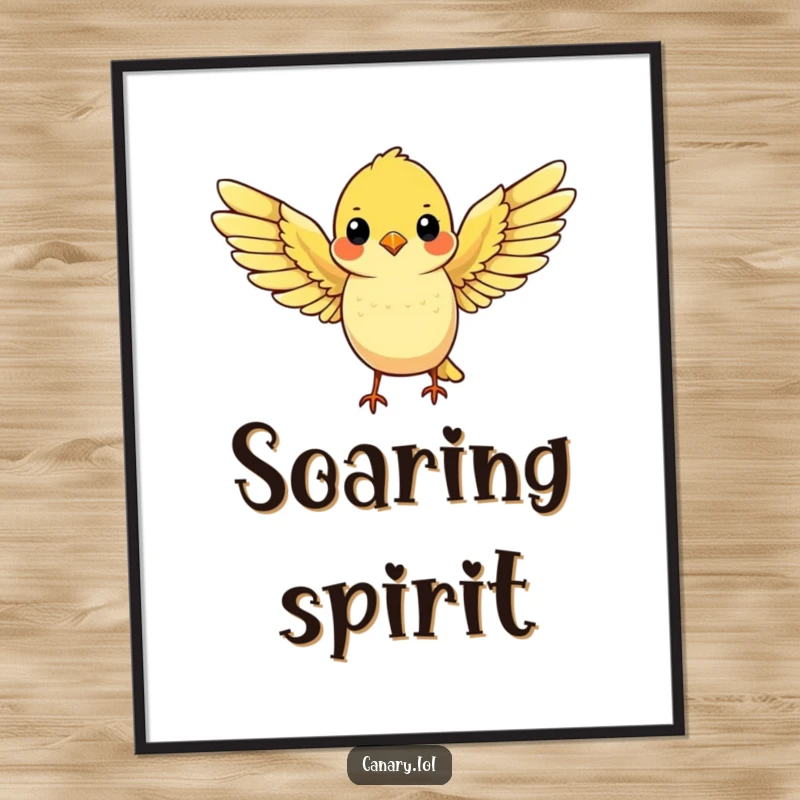 Funny poster featuring a cute yellow canary with wings spread wide, poised for flight, symbolizing hope and aspiration.