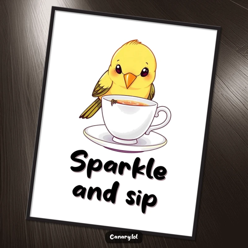 Funny canary bird poster, playfully dipping beak into a tiny, sparkling teacup, elegant and whimsical decor.