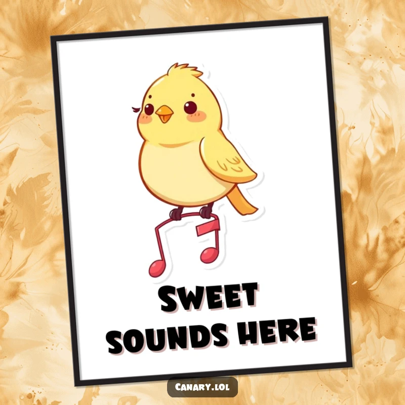 Funny canary poster showcasing a content yellow bird perched perfectly on a miniature musical note, looking quite pleased.