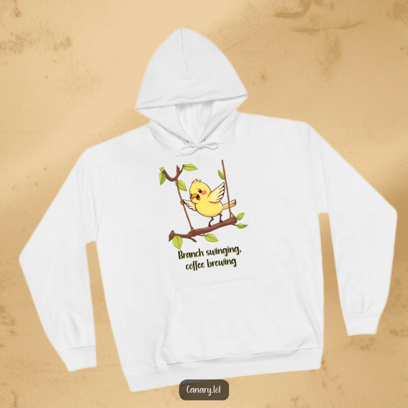 Funny Kawaii Canary Hoodie showing a very cute bird enthusiastically hopping on a swinging branch, embodying playful energy and sweet charm.