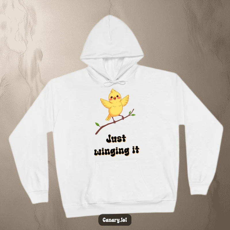 Funny canary hoodie showcasing a joyful yellow bird gracefully dancing on a precarious, thin, swaying branch.