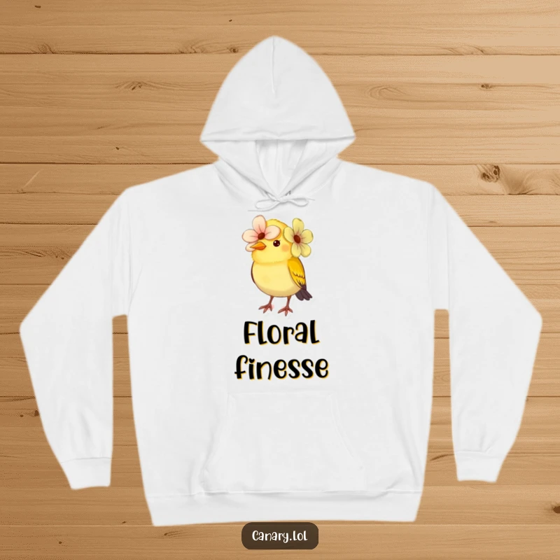 Funny small canary bird hoodie, attempting to wear a flower as a hat, looking adorably silly. Cozy and comical avian fashion.