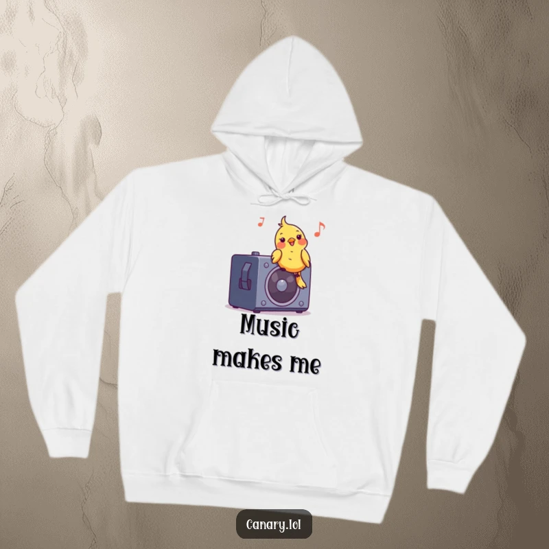 Funny hooded sweatshirt with a cheerful canary bird bobbing its head to music on a speaker, perfect for music lovers.
