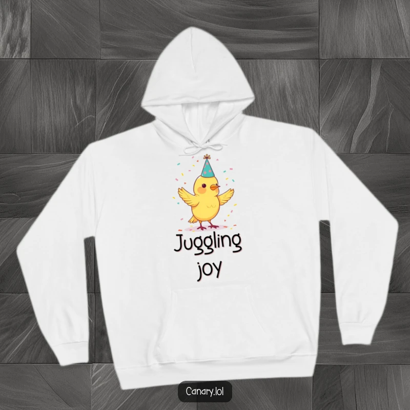 Funny hoodie showing a canary bird in a party hat juggling colorful confetti, ideal for cozy celebrations.