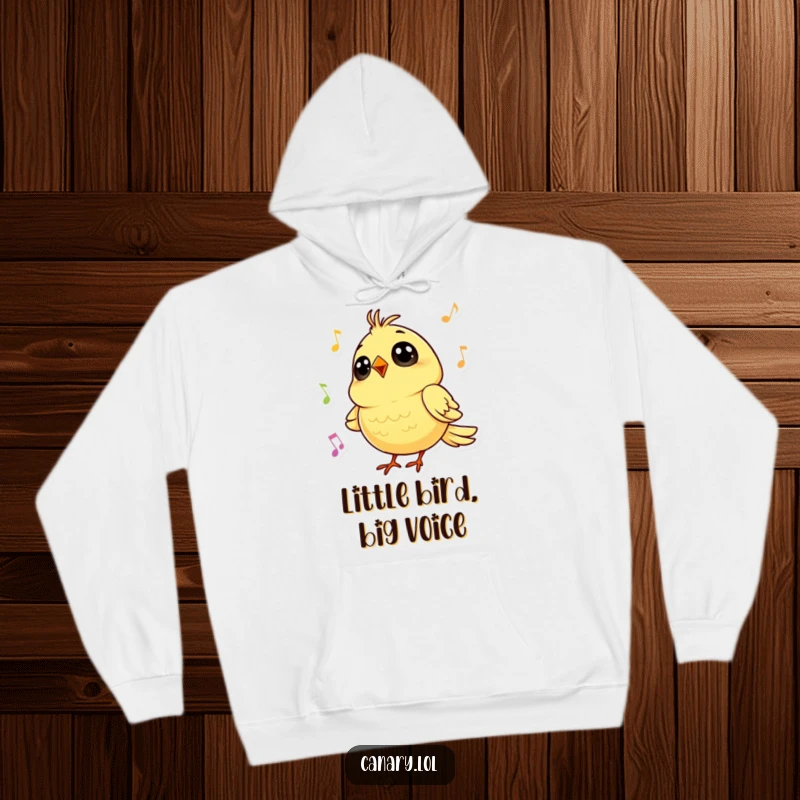 Funny hoodie featuring a tiny canary with big, round eyes singing a cheerful tune, ideal for cozy, musical moments.