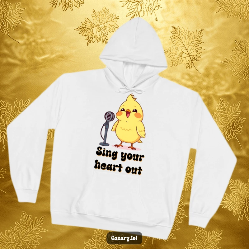 Funny Canary Microphone Hoodie showcasing a bright yellow canary beaming while singing enthusiastically into a small microphone.