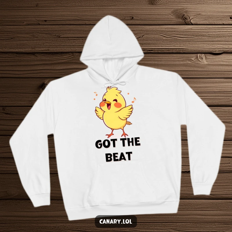 Funny cheerful canary bird hoodie, enthusiastically bobbing its head to a beat. Warm, comfortable, and musically inspired apparel.