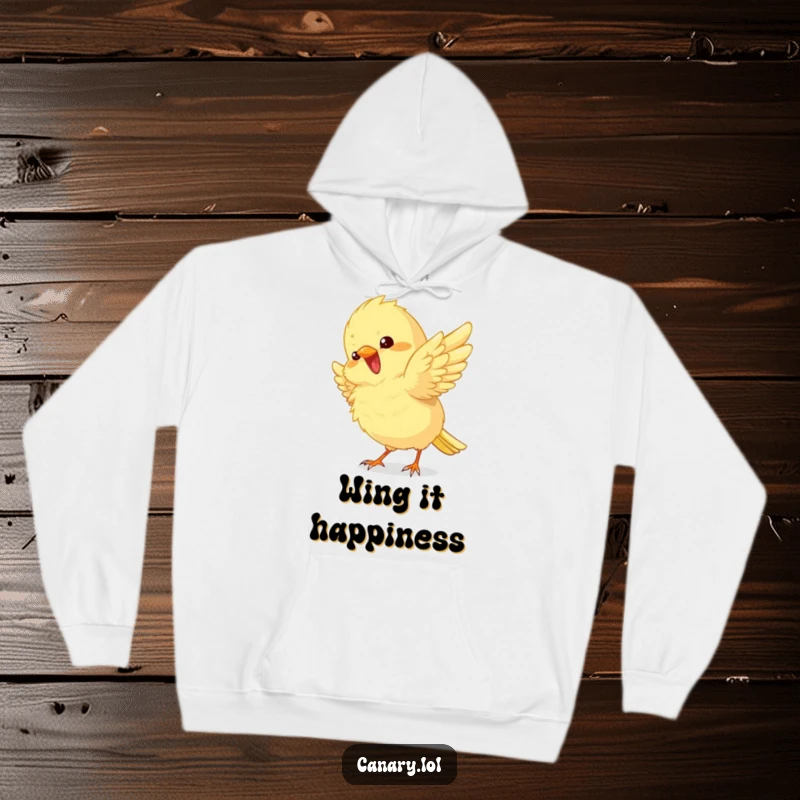 Funny Hoodie depicting a fluffy canary bird, its wings fluttering playfully in a moment of sheer excitement and delight.
