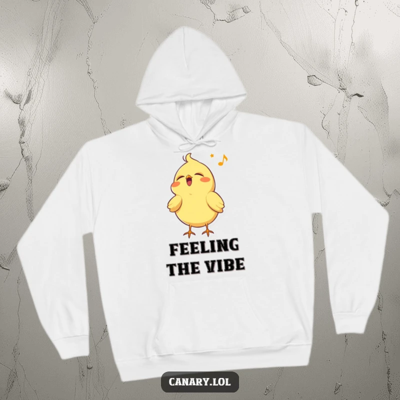 Funny canary bird hoodie, singing with eyes closed and head tilted back, offering cozy comfort and cheerful humor.