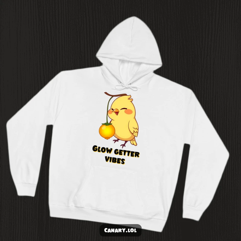 Funny canary bird hoodie: a mischievous grin, pecking a glowing berry, cozy and humorous apparel.