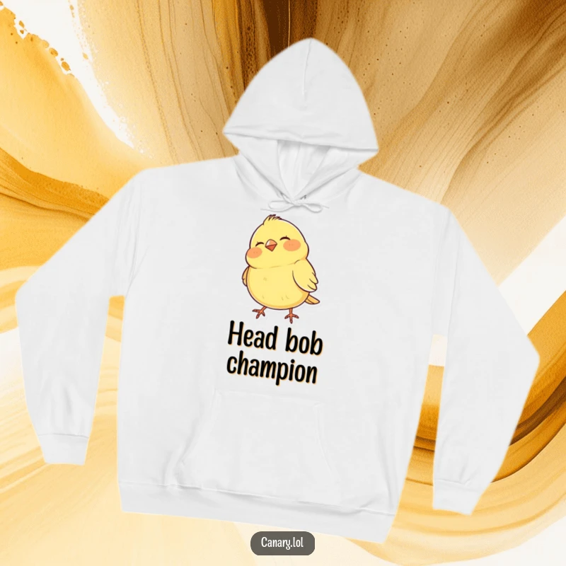 Funny Hoodie showing a delighted canary with puffed cheeks, performing a rhythmic head bob, radiating pure joy and silliness.