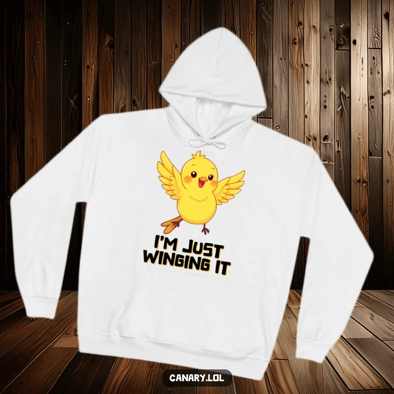 Funny kawaii canary bird hoodie, wings fluttering with playful energy, a comfortable and humorous apparel item.