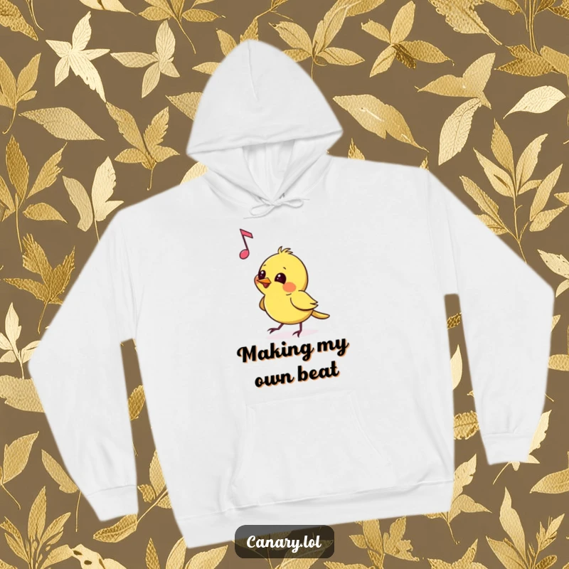 Funny Hoodie featuring a canary pecking at a floating musical note with mischievous glee, creating a cozy and playful atmosphere perfect for music lovers.