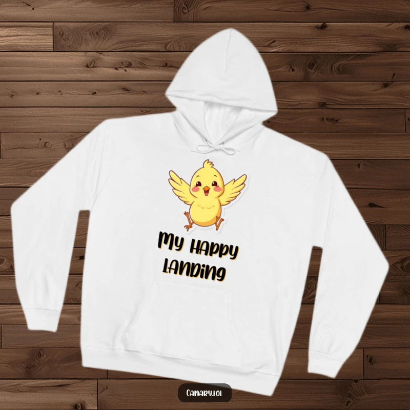Funny happy canary hoodie depicting a bird leaping with wings spread, offering warm comfort and a humorous representation of pure joy.